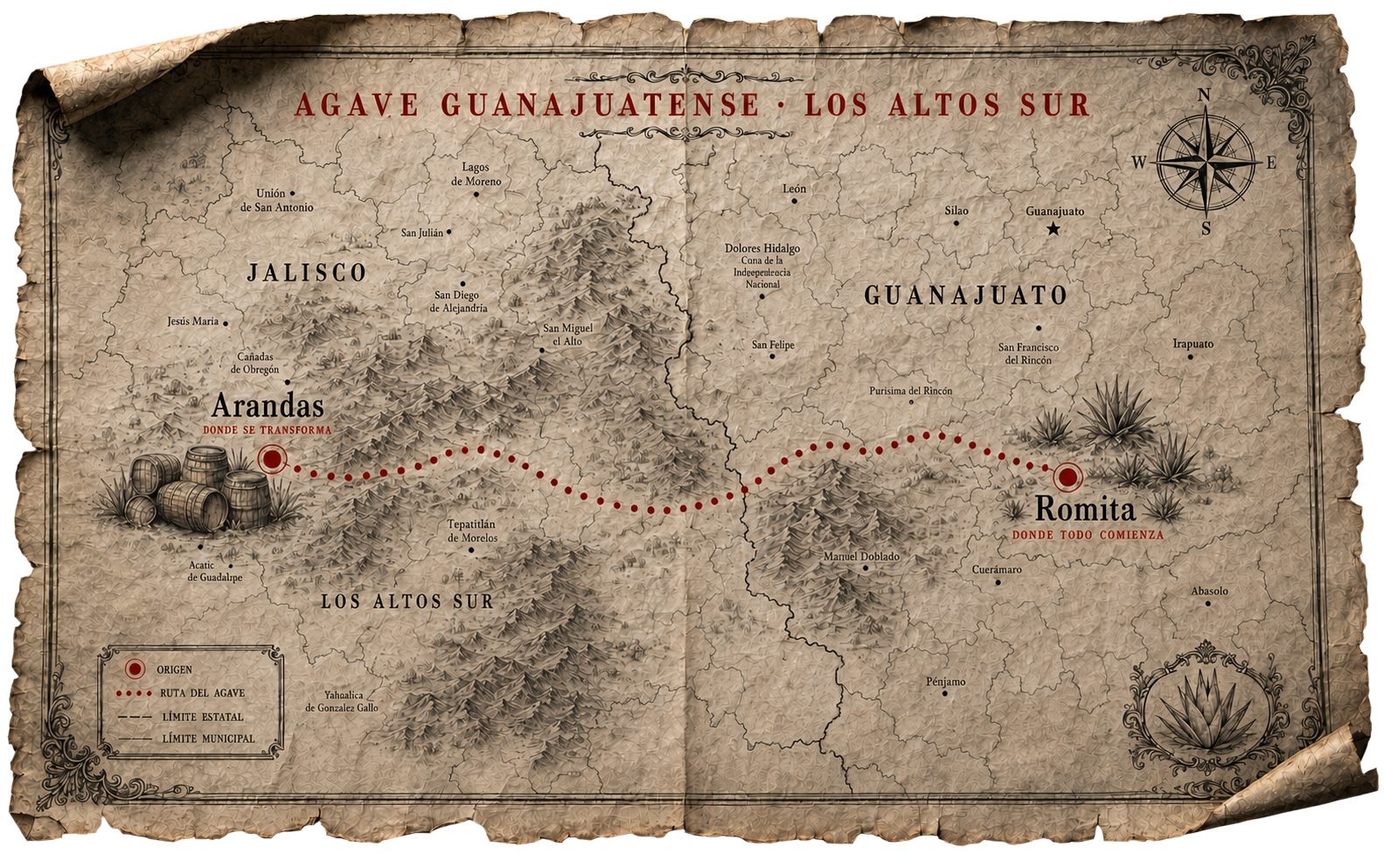 Ruta del agave desde Romita, Guanajuato, hasta Arandas, Jalisco